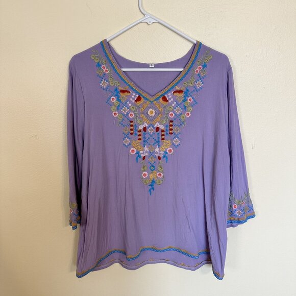Bohemian Lavender Embroidered Top Blouse Womens Large Purple V Neck Rayon - Picture 8 of 9